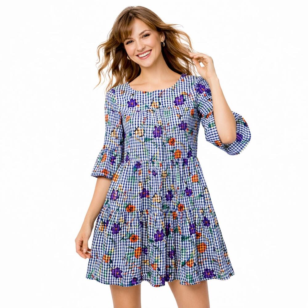 Romeo + Juliet Dress Womens Medium Blue White Gingham Floral Tiered Cottagecore